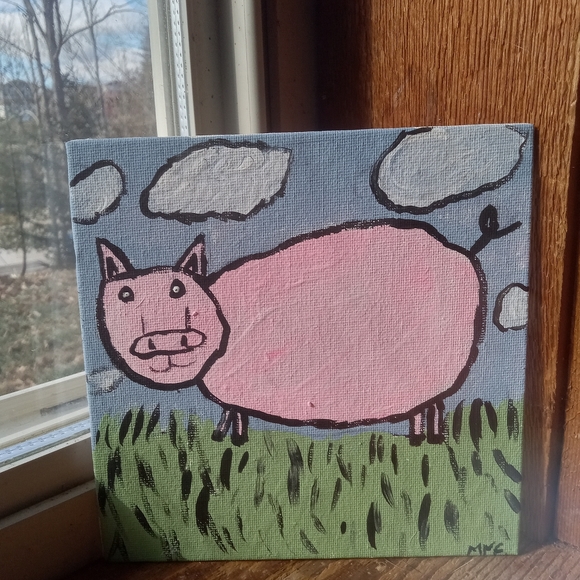 Hand Crafted Other - Original Folk Art Painting Acrylic on canvas Pig Home